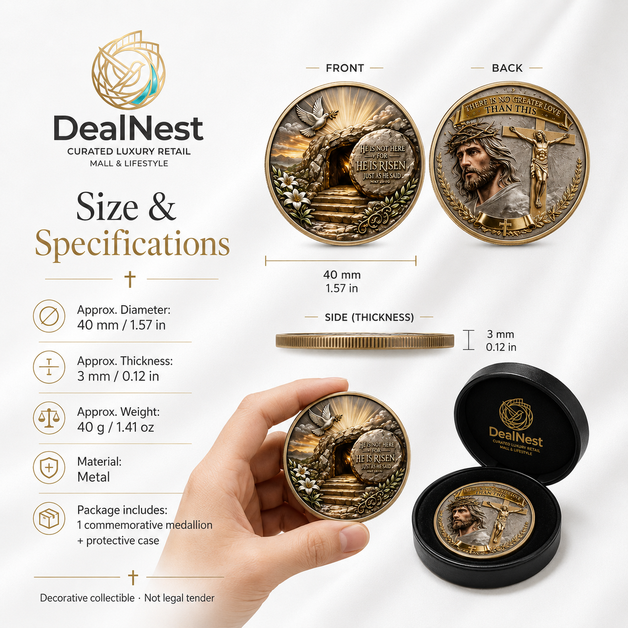 Christian commemorative medallion size guide showing an approximate 40 mm diameter