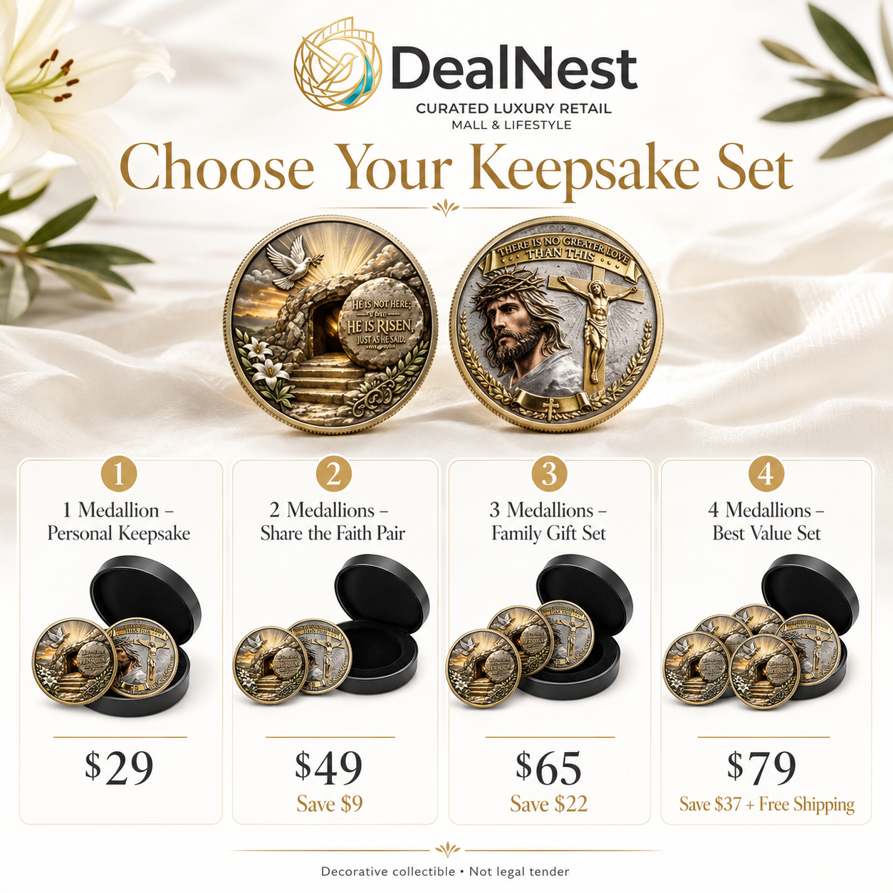 DealNest Christian commemorative medallion bundle options from one to four pieces
