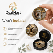 Hand holding a DealNest Christian commemorative medallion for size reference