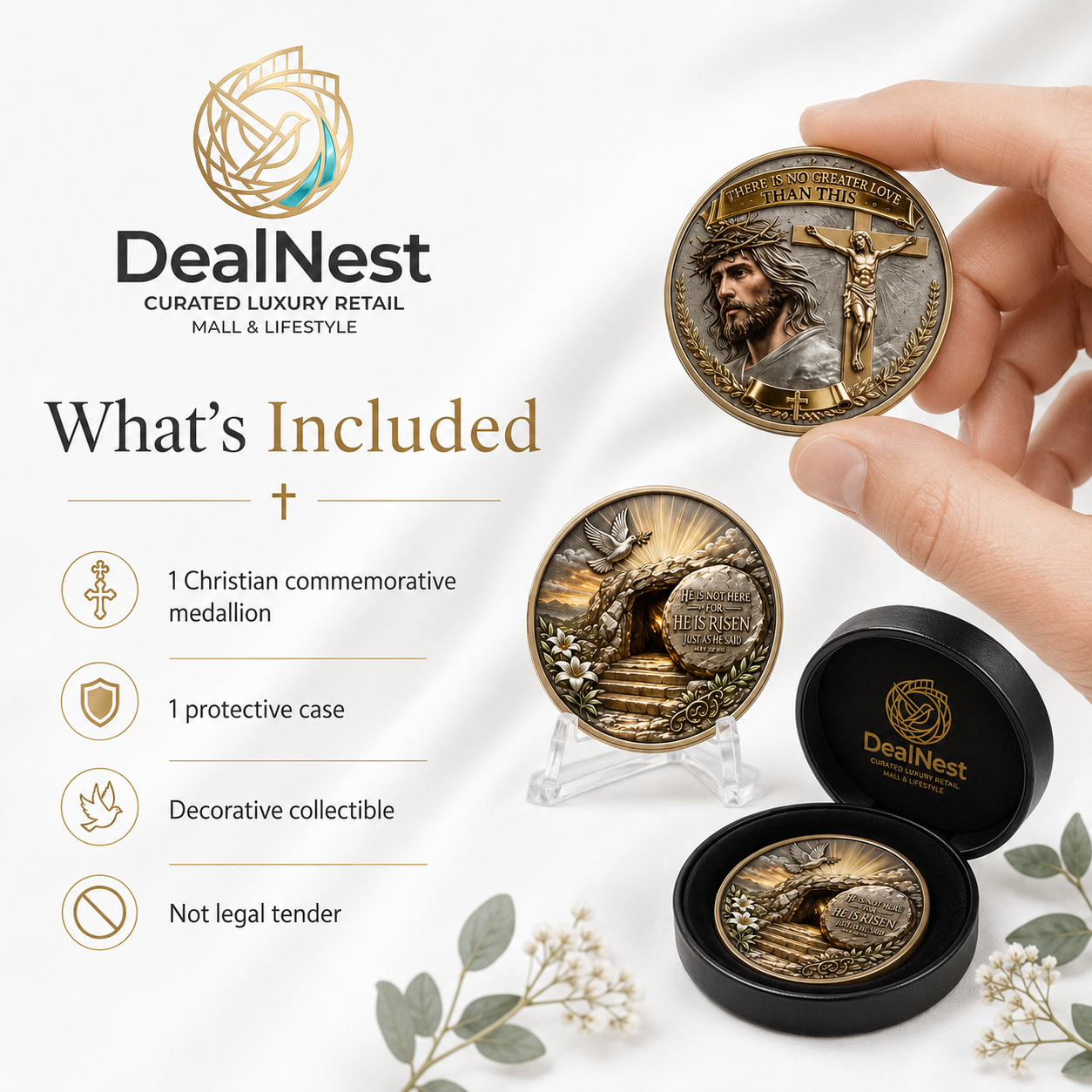 Hand holding a DealNest Christian commemorative medallion for size reference