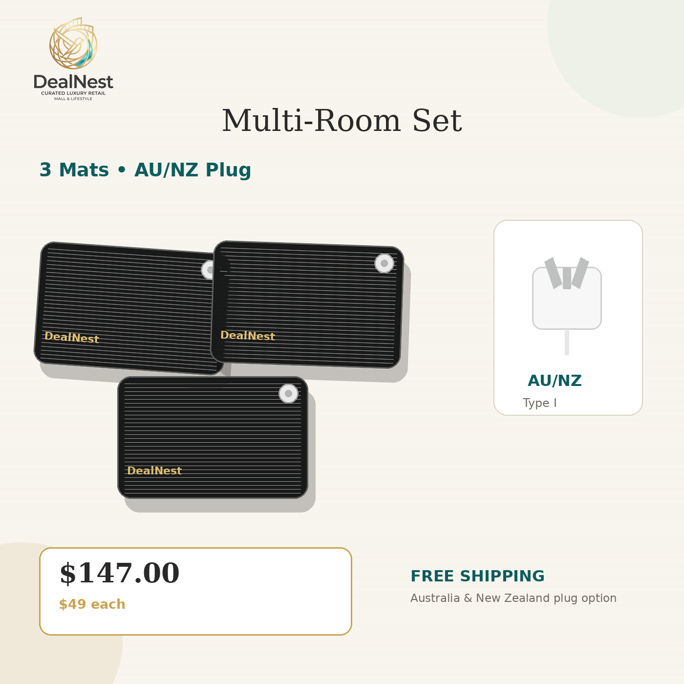 DealNest 3 mat grounding bundle with AU/NZ Type I regional plug