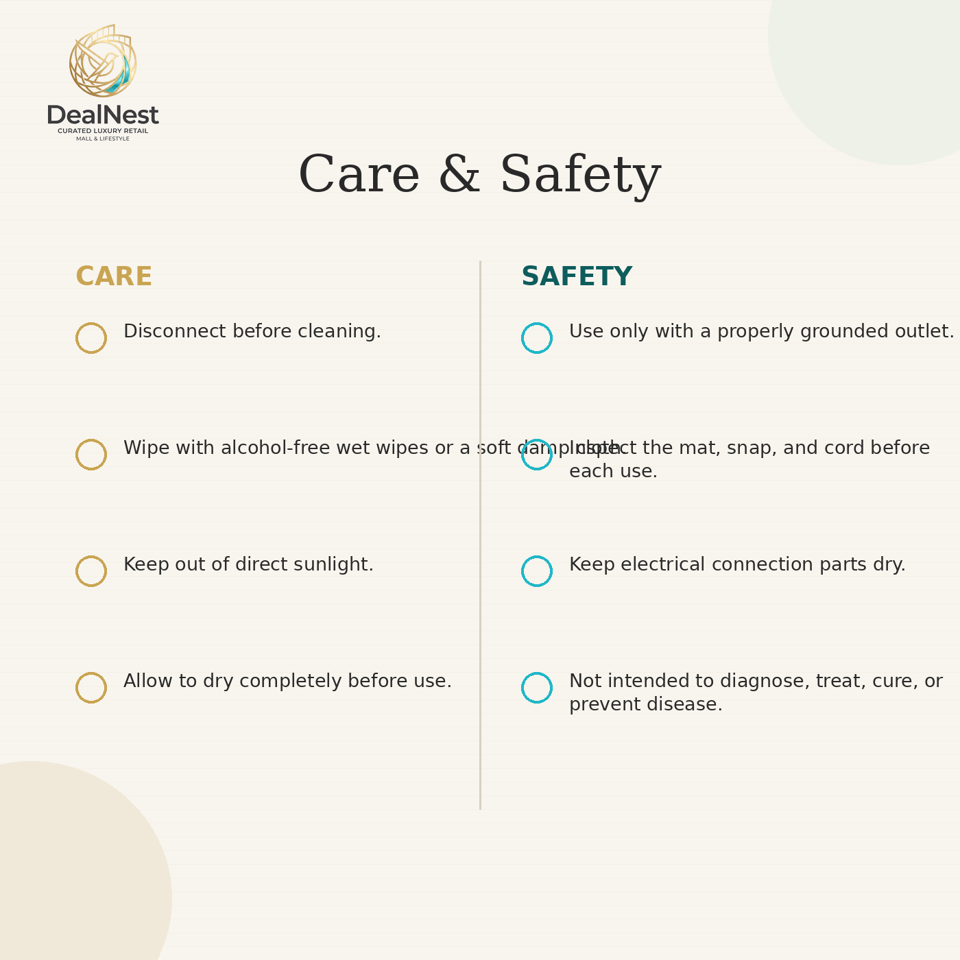 Care and safety instructions for using the DealNest grounding mat