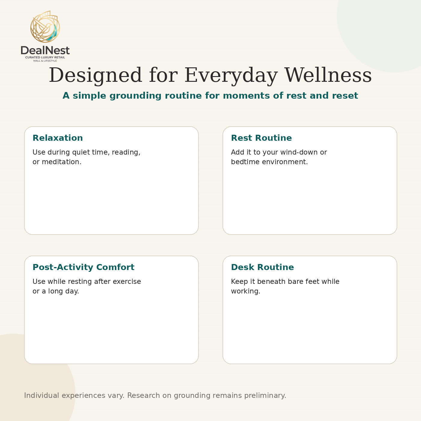 DealNest grounding mat used as part of relaxation rest recovery and desk wellness routines