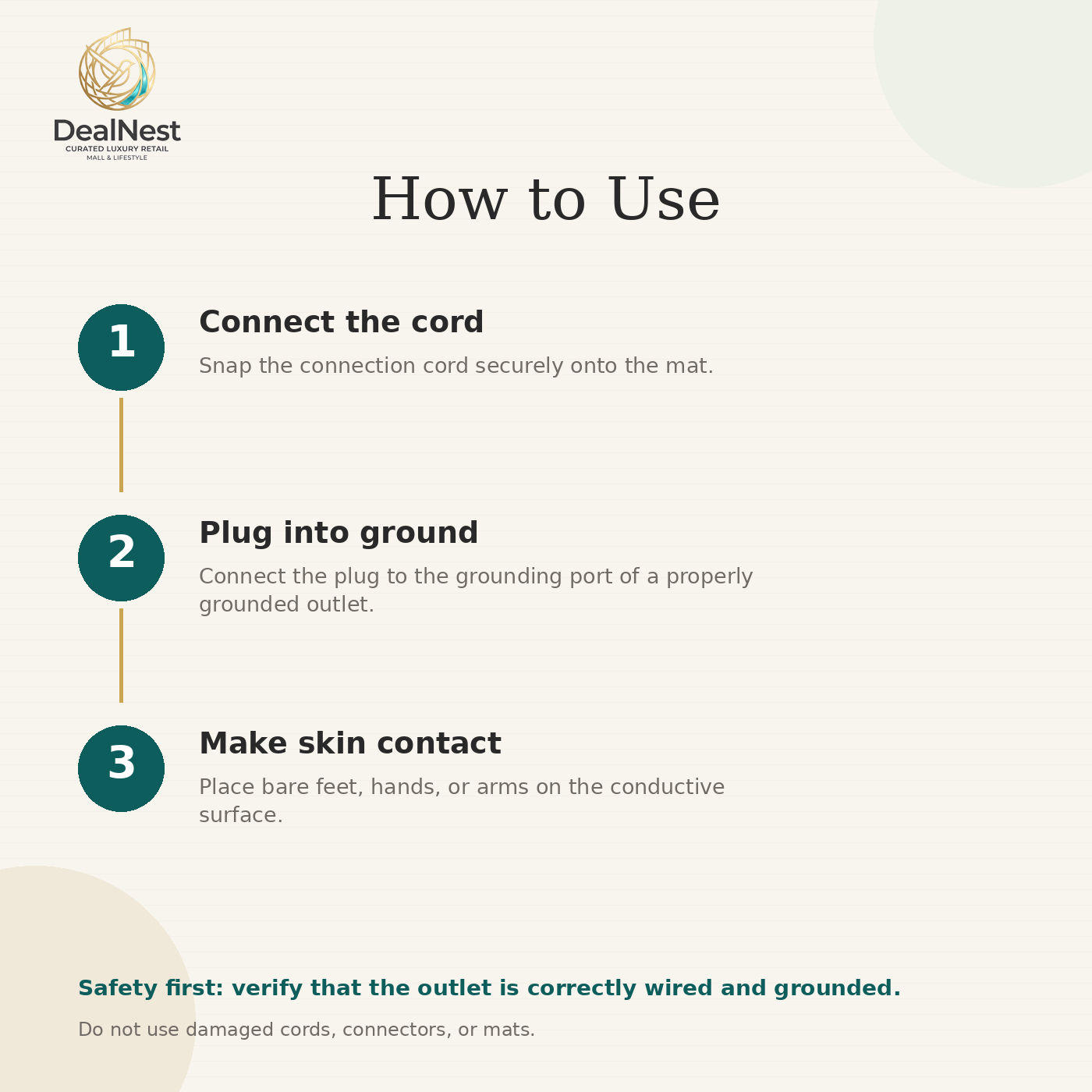 Three step guide for connecting and using the DealNest grounding mat