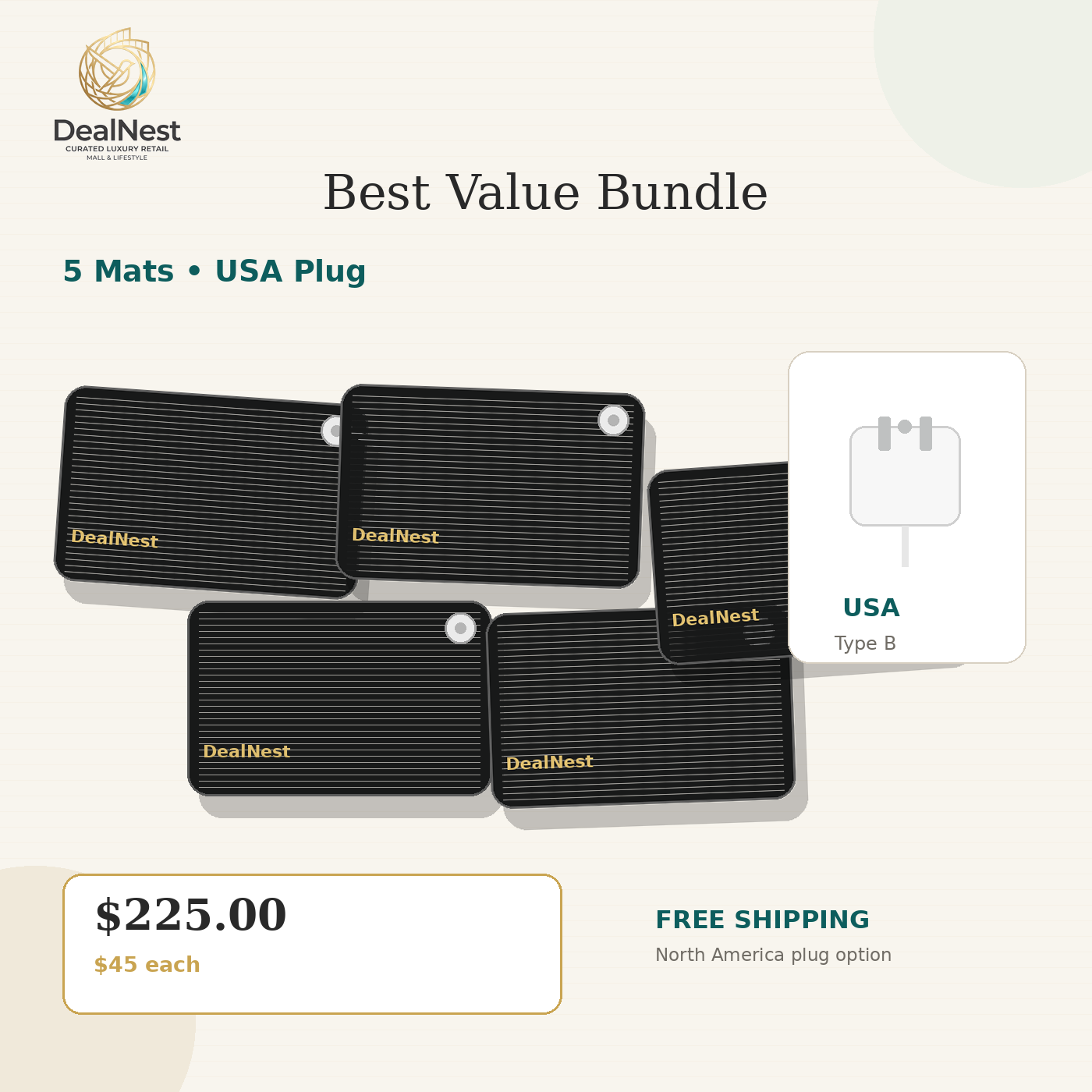 DealNest 5 mat grounding bundle with USA Type B regional plug