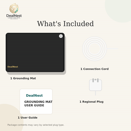DealNest grounding mat package contents with mat connection cord regional plug and user guide